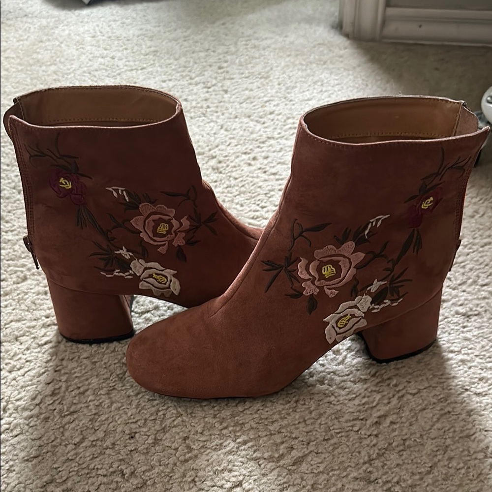 Floral Embroidered Tan Ankle Boots